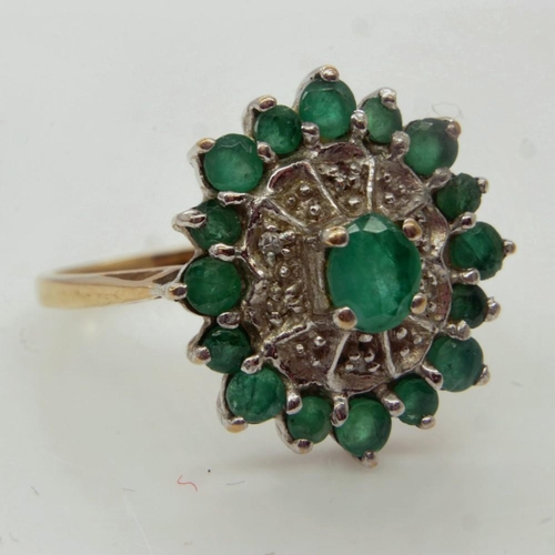 20 - 9ct gold cocktail ring, set with emeralds and diamonds, size P, 3.6g. UK P&P Group 0 (£6+VAT for the... 