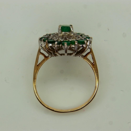 20 - 9ct gold cocktail ring, set with emeralds and diamonds, size P, 3.6g. UK P&P Group 0 (£6+VAT for the... 