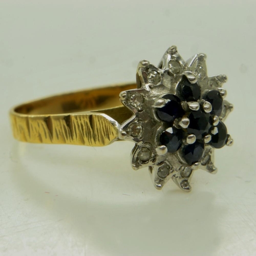 23 - 9ct gold flower ring, set with sapphires and diamonds, size P, 4.8g. UK P&P Group 0 (£6+VAT for the ... 