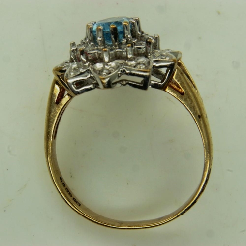 35 - 9ct gold blue topaz and diamond set cocktail ring, size O, 3.6g. UK P&P Group 0 (£6+VAT for the firs... 