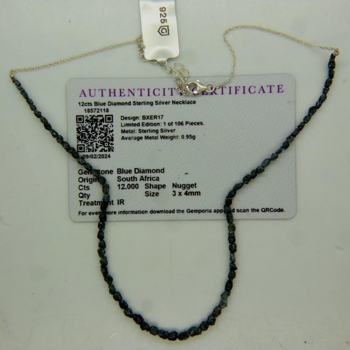 49 - 12ct rough cut blue diamond and sterling silver necklace with certificate, L: 44 cm. UK P&P Group 0 ... 