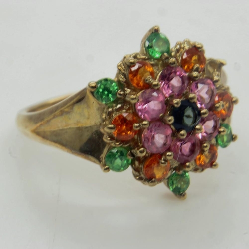 50 - 9ct gold dress ring, set with multi-coloured stones, one stone missing, size S, 4.5g. UK P&P Group 0... 