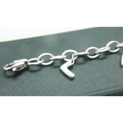 86 - 18ct white gold chain bracelet with five suspended letters spelling 'CATHY', bespoke made for client... 