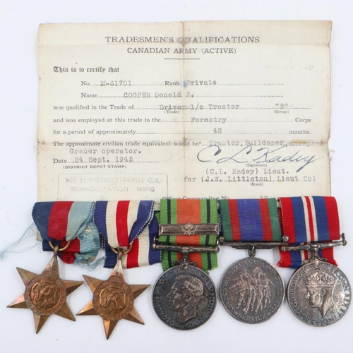 2262 - Canadian WWII medal group to M-61701 Private D J Cooper, comprising BWM, Defence medal, Volunteer Se... 