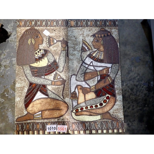 1010 - Pair of painted and enamelled tiles, 22 x 52 cm. Not available for in-house P&P