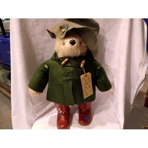 1056 - Paddington teddy bear with Dunlop wellington boots, coat and hat. Not available for in-house P&P