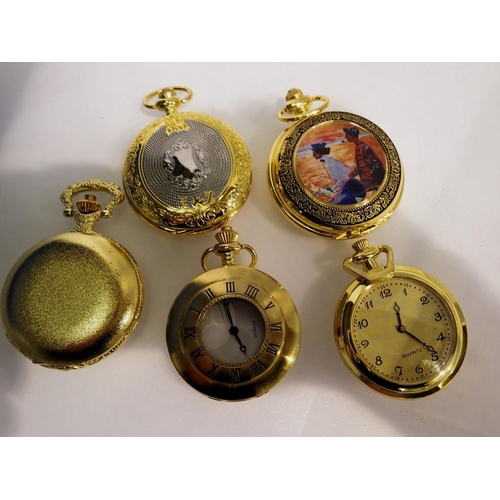 1089 - Five gold effect pocket watches - working at lotting up. UK P&P Group 1 (£16+VAT for the first lot a... 