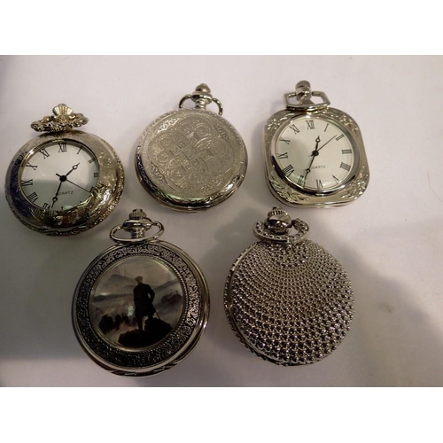 1090 - Five silver effect pocket watches - working at lotting up. UK P&P Group 1 (£16+VAT for the first lot... 