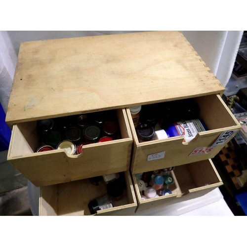 1145 - Six drawer chest with contents of modelling paints, including Humbrol, Revell oils and acrylic, some... 