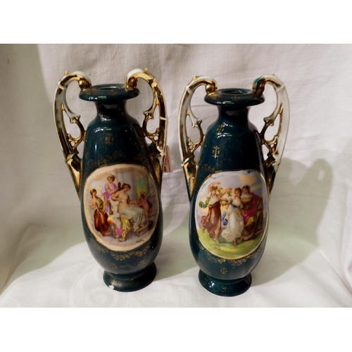 1200 - Pair of Austrian Vienna style garniture vases, each with figural decorated panels, losses of gilt th... 