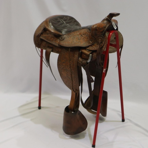 2014 - Bespoke tooled brown leather saddle with associated straps. Not available for in-house P&P