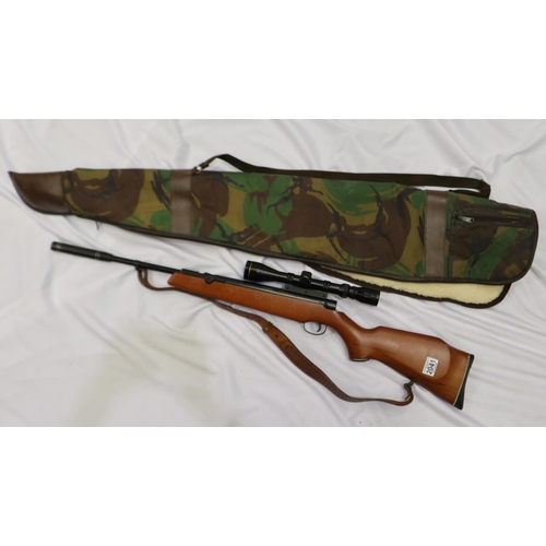 2041 - Webley tracker .22 air rifle with Nico 10 x 40 scope, silencer, sling and camouflage canvas slip. UK... 