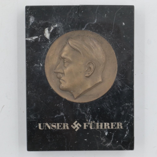 2089 - Third Reich paperweight, being a Hitler profile medallion on marble, engraved “Our Leader”. UK P&P G... 