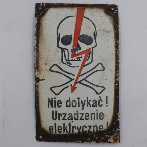 2099 - 1940s Polish enamel warning sign, danger of electrocution, 22 x 10 cm. UK P&P Group 2 (£20+VAT for t... 