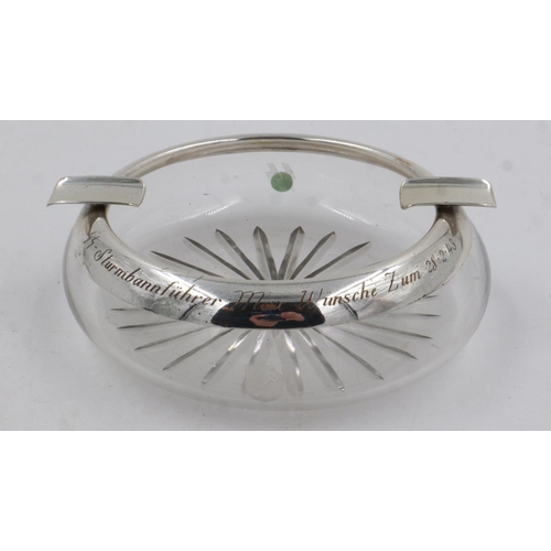 2107 - Third Reich silver mounted glass ashtray, with inscription to Knights Cross recipient, (translates) ... 