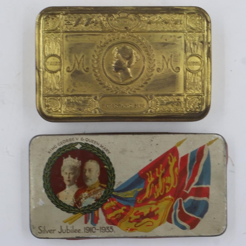 2111 - WWI Allied Forces 1914 Christmas gift tin, with a commemorative Silver Jubilee chocolate tin (2). UK... 