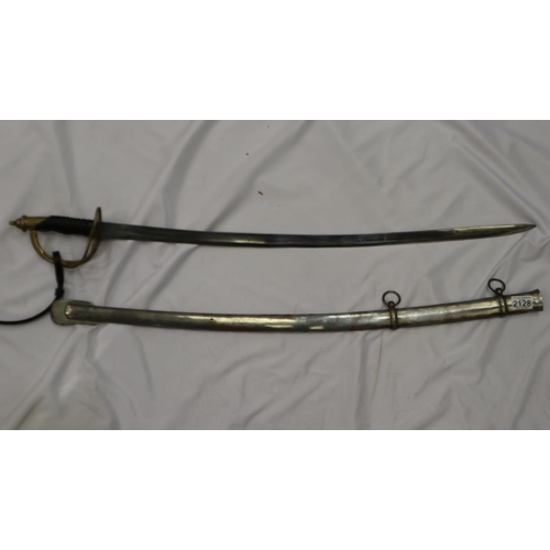 2128 - A 20th century cavalry sabre, with wired leather bound grip and brass guard, with steel scabbard. No... 