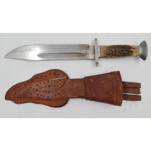 2138 - Carl Freidrich Ern (Solingen) German bowie style hunting knife with leather sheath. UK P&P Group 2 (... 