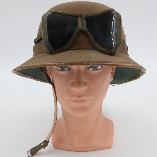 2159 - WWII Mk II German Afrika Korps Tropical helmet including sand goggles. There is a small field repair... 