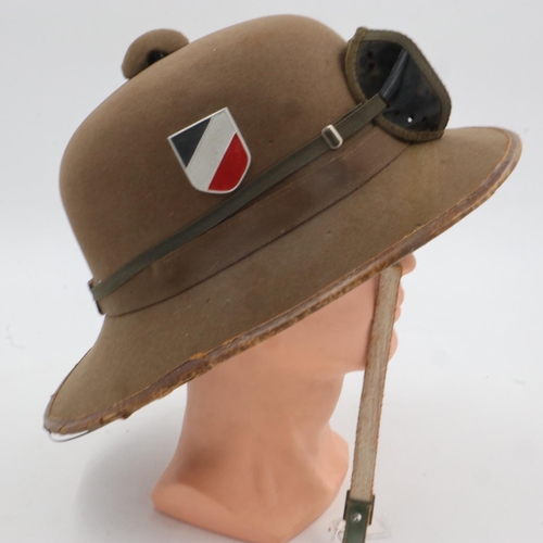 2159 - WWII Mk II German Afrika Korps Tropical helmet including sand goggles. There is a small field repair... 