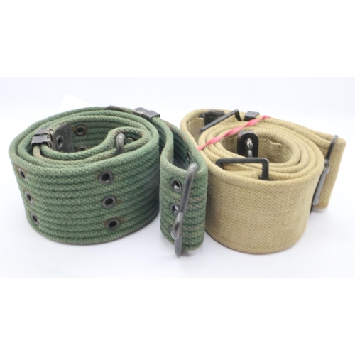 2182 - Two canvas webbing belts, olive green and khaki. UK P&P Group 1 (£16+VAT for the first lot and £2+VA... 