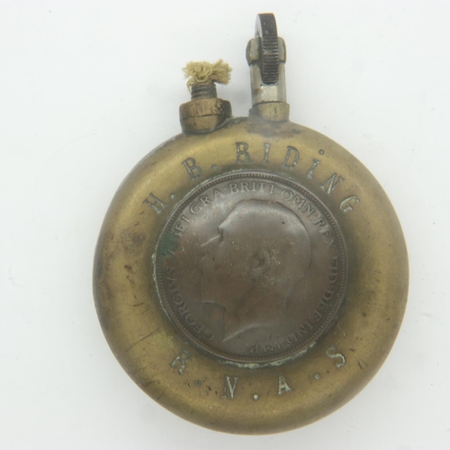 2190 - RNAS interest: a WWI trench-art cigarette lighter, named to H B Riding RNAS, formed in brass with Br... 