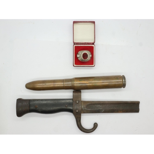 2196 - Military relics: 50 cal 22mm shell, US Marines sterling silver ring (lacking stone) and a cut bayone... 