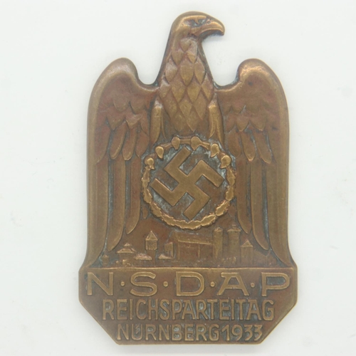 2203 - Early NSDAP bronze 1933 Nuremburg Rally badge, lacking pin. UK P&P Group 0 (£6+VAT for the first lot... 