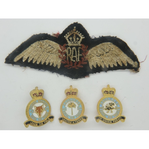 2217 - British WWII period embroidered RAF wings, with three later enamelled squadron badges. UK P&P Group ... 