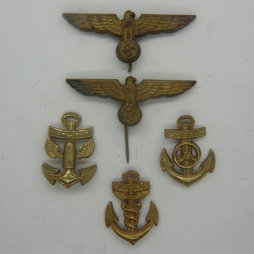 2223 - Two WWII Kriegsmarine cap eagles and three divisional collar badges. UK P&P Group 0 (£6+VAT for the ... 