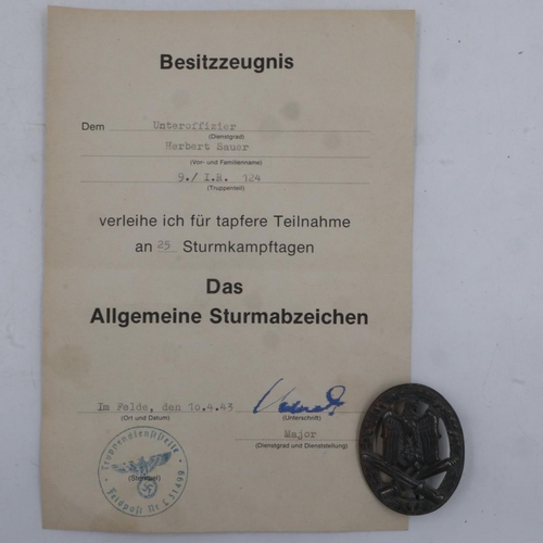 2245 - WWII German General Assault Badge with award certificate. UK P&P Group 0 (£6+VAT for the first lot a... 