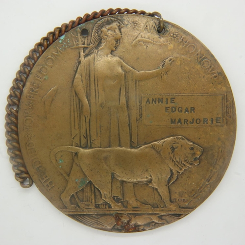 2247 - WWI bronze death plaque, later named by engraving to Annie Edgar Marjorie, drilled. UK P&P Group 0 (... 