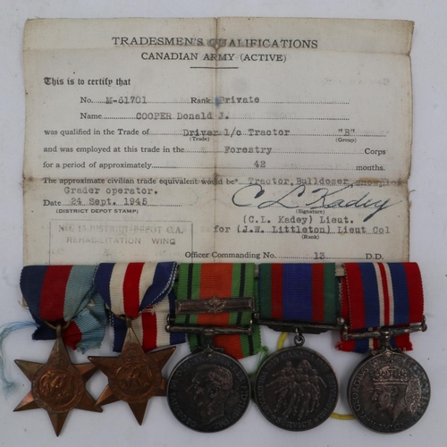 2262 - Canadian WWII medal group to M-61701 Private D J Cooper, comprising BWM, Defence medal, Volunteer Se... 