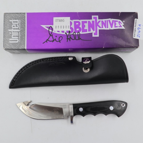 2149A - Hibben Knives model GH2021 Alaskan Pro Guide Hunter with Gut Hook, with leather sheath, boxed. UK P&... 