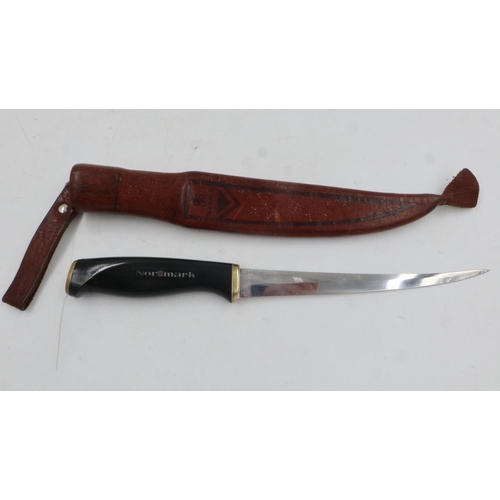 2149H - Normark (Finland) fillet knife with leather sheath. UK P&P Group 1 (£16+VAT for the first lot and £2... 