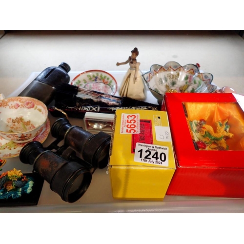 1240 - Binoculars, hip flask and Oriental items. Not available for in-house P&P