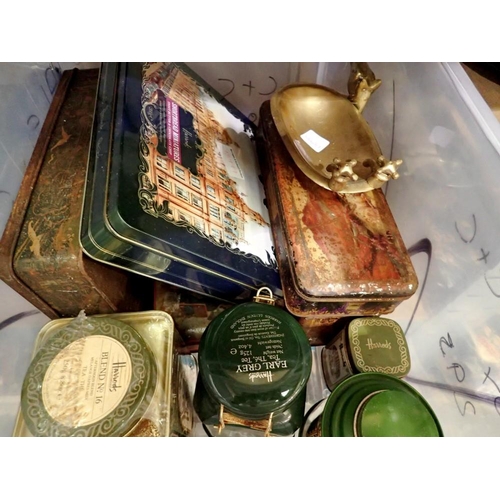 1250 - Collection of vintage tins, including Harrods examples and some brassware items. Not available for i... 