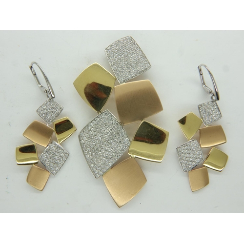 20 - Impressive tri colour 18ct gold and diamond earrings/pendant suite, 4.17cts of round brilliant cut d... 