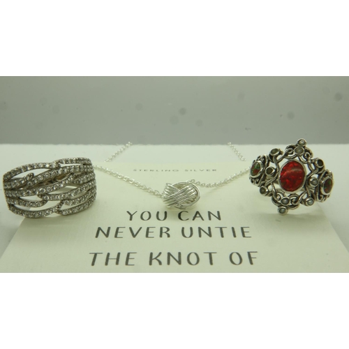 27 - Two 925 silver rings and a necklace, 13g. UK P&P Group 1 (£16+VAT for the first lot and £2+VAT for s... 