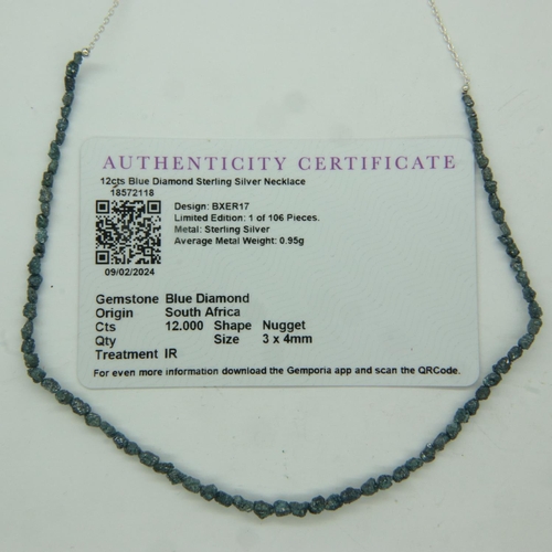 44 - 12ct rough cut blue diamond and sterling silver necklace with certificate, L: 44 cm. UK P&P Group 0 ... 