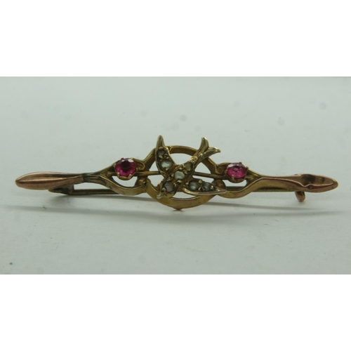 7 - Unmarked 9ct gold sweetheart brooch, set with pearls and semi-precious stones, one pearl missing, L:... 