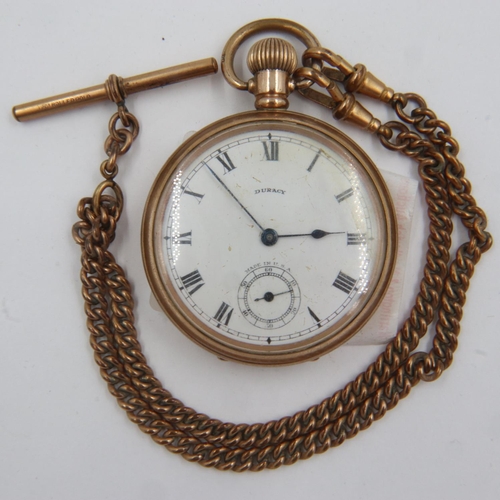 58 - Duracy branded gold plated pocket watch, with a rolled gold watch chain, working at lotting up. UK P... 