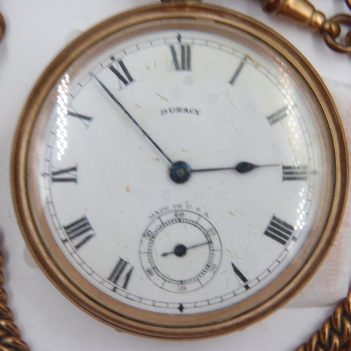 58 - Duracy branded gold plated pocket watch, with a rolled gold watch chain, working at lotting up. UK P... 