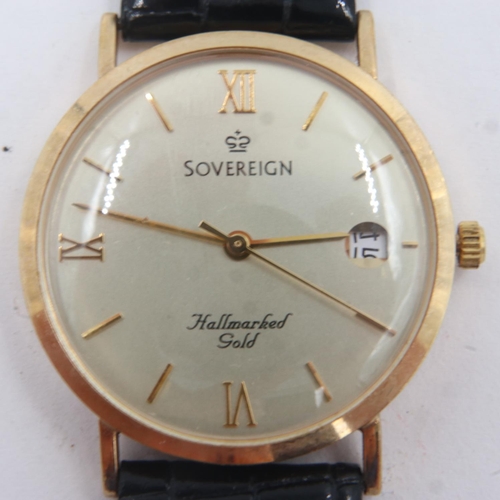 72 - Sovereign branded 9ct gold gents wristwatch, on a leather strap with original box and instructions. ... 