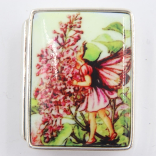 82 - Sterling silver pill box with enamelled top decorated with a fairy, overall 20g, no condition issues... 