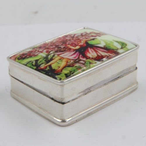 82 - Sterling silver pill box with enamelled top decorated with a fairy, overall 20g, no condition issues... 