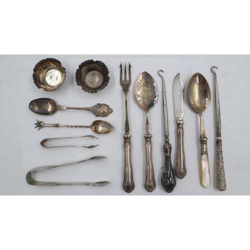 88 - A collection of 925 silver and silver plated items, including miniature salts, tongs, spoons etc, si... 