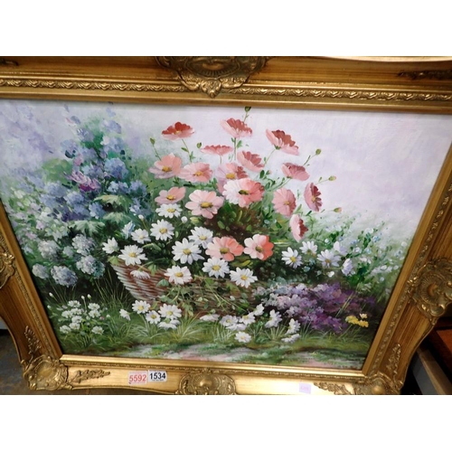 1534 - Large framed oil on canvas garden flower study, overall size 74 x 64 cm. Not available for in-house ... 