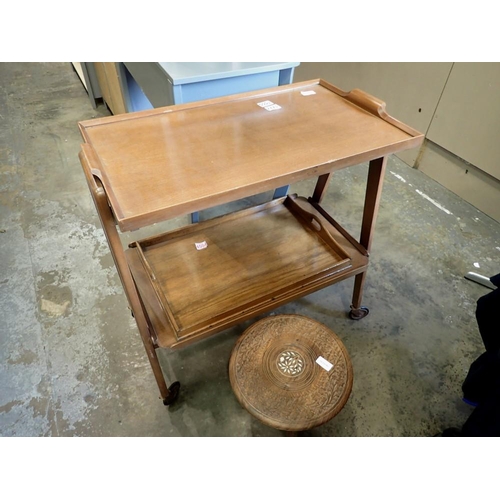 1555 - Oak trolley and an inlaid Indian table. Not available for in-house P&P