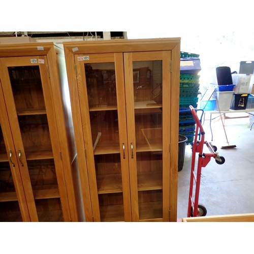 1571 - Beech display cabinet with glass doors and one drawer, 78 x 184 cm H. Not available for in-house P&P